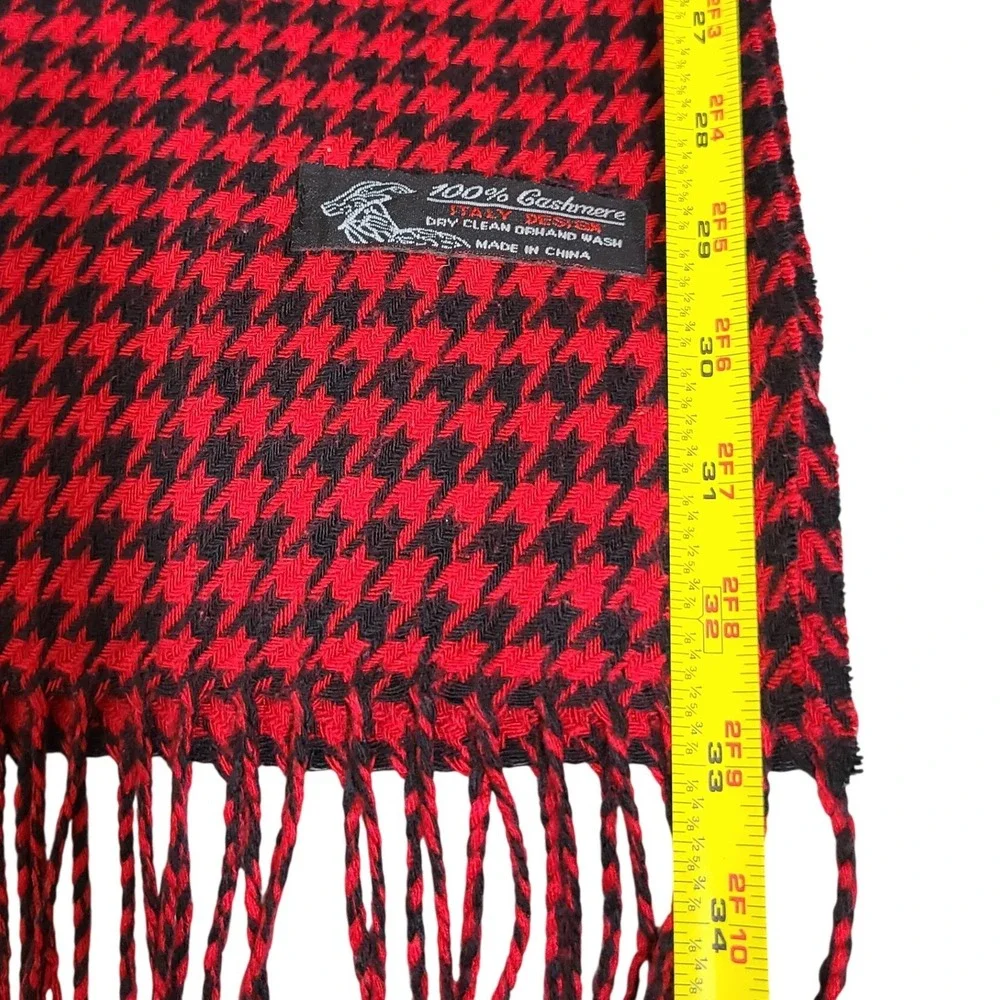 100% Cashmere Red Black Houndstooth Scarf Italian Design Classic Luxury Menswear